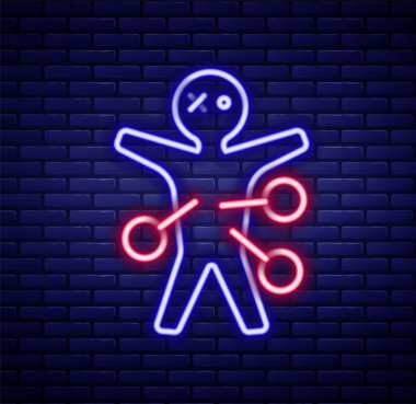 Parlayan neon hattı Voodoo bebek ikonu tuğla duvar arka planında izole edilmiş. Mutlu Cadılar Bayramı Partisi. Renkli taslak konsepti. Vektör.