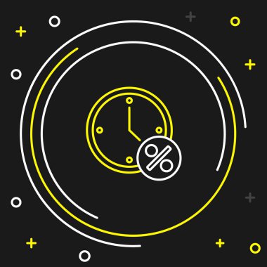 Çizgi Saat ve yüzde indirim simgesi siyah arkaplanda izole edildi. Renkli taslak konsepti. Vektör.