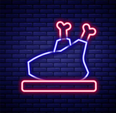 Parlayan neon hattı, kızarmış hindi ya da duvarda izole edilmiş tavuk ikonu. Renkli taslak konsepti. Vektör.