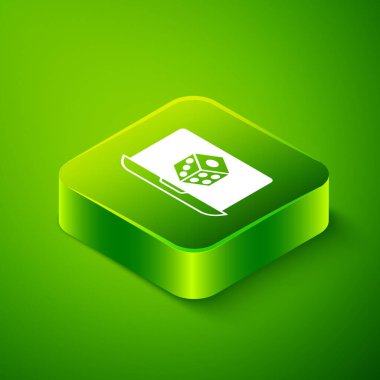Isometric Game zar simgesi yeşil arkaplanda izole edildi. Kumarhane kumarı. Yeşil kare düğmesi. Vektör.