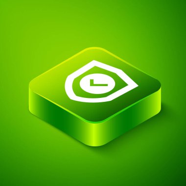 Yeşil arkaplanda işaretleme simgesine sahip Isometric Shield. Koruma sembolü. Güvenlik kontrolü Simge. Kene izi onaylı simge. Yeşil kare düğmesi. Vektör.