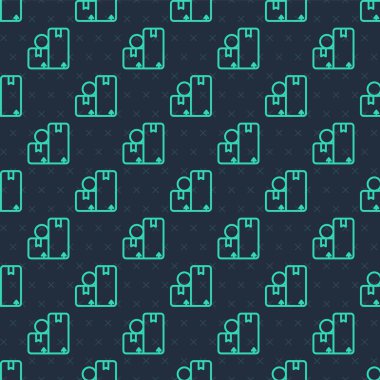 Yeşil çizgi karton kutu simgesi mavi arkaplanda izole edilmiş pürüzsüz desen. Kutu, paket, paket işareti. Teslimat ve ambalaj. Vektör.