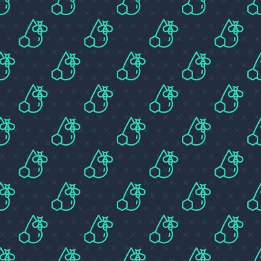 Yeşil çizgi arısı ve bal peteği ikonu mavi arkaplandaki kusursuz deseni izole etti. Bal hücreleri. Bal arısı ya da kanat sembollü apis. Uçan böcek. Tatlı doğal yemek. Vektör.