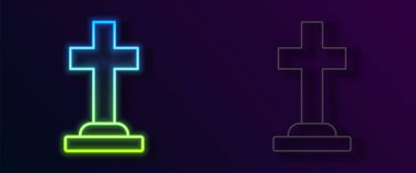 Siyah zemin üzerinde çapraz simge olan parlak neon çizgisi Tombstone. Mezar ikonu. Mutlu Cadılar Bayramı Partisi. Vektör.