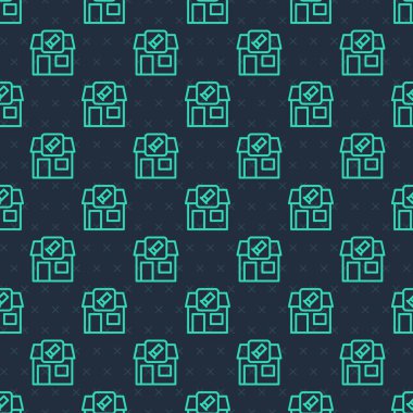 Tüfek ve silah ikonuna sahip yeşil çizgi av atölyesi mavi arka planda izole edilmiş kusursuz desen. Silah teçhizatlı süpermarket ya da mağaza. Vektör.