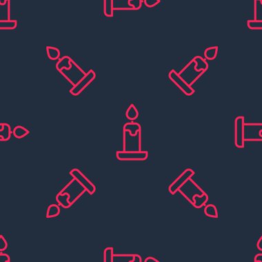 Kırmızı çizgi, şamdan simgesinde yanan mum siyah arkaplanda izole edilmiş pürüzsüz desen. Silindirik mum çubuğu ve yanan ateş. Vektör.