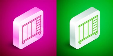 Pembe ve yeşil arka planda Isometric Line Gardırop simgesi var. Dolap tabelası. Gümüş kare düğme. Vektör.