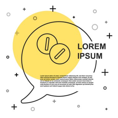 Siyah çizgi diş ağrısı ağrı kesici tablet simgesi beyaz arkaplanda izole edilmiş. Diş bakımı ilacı. Kapsül hapı ve ilaç. Eczane tasarımı. Rastgele dinamik şekiller. Vektör.