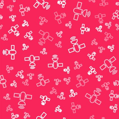 Kırmızı arkaplanda beyaz çizgi uydu simgesi izole edildi. Vektör.