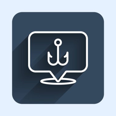 Beyaz çizgili olta kancası ikonu uzun gölge arkaplanı ile izole edilmiş. Balık oltası. Mavi kare düğme. Vektör.