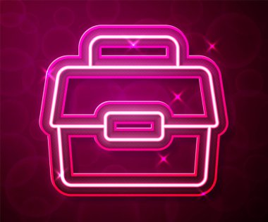 Kırmızı arka planda parlayan neon hattı kabı ya da sallanan kutu kutusu ve dişli balıkçılık ekipmanları ikonu izole edildi. Balık oltası. Vektör.