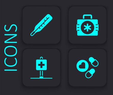 İlaç hapı ya da tablet tıbbi termometre ilk yardım çantasını ve hastane ikonunu hazırlayın. Siyah kare düğme. Vektör.