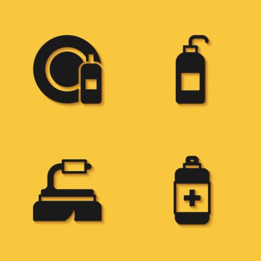 Bulaşık şişesi ve tabak antibakteriyel sabun fırçasını temizleme ve uzun gölgeli ikon için ayarla. Vektör.