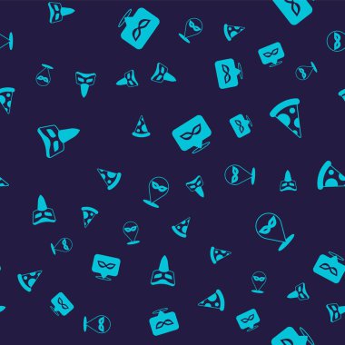 Karnaval maskesini ayarlayın. Pizzanın dilimi ve kusursuz bir desen. Vektör.