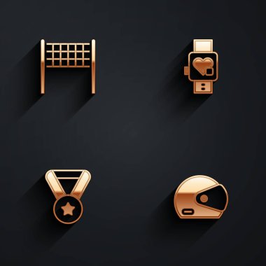 Voleybol ağı akıllı saatini kalp madalyası ve uzun gölgeli yarış miğferi ikonu ile ayarla. Vektör.