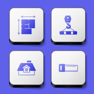 Ev planı Crane ve Hand 'in testere ikonunu hazırlayın. Beyaz kare düğme. Vektör.