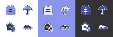 Flood Can Yelekli Ev 'i kalkan ve Şemsiye ikonuyla kurun. Vektör.