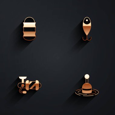 Balık ağı yem makarasını balık tutmak ve su ikonunu uzun gölgeli yüzdürmek için ayarlayın. Vektör.