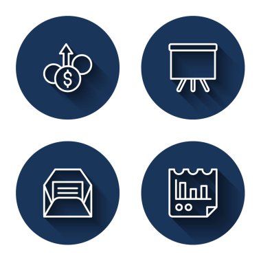 Chalkboard Zarfı ve uzun gölgeli grafik çizelgesi ile Mali Büyüme Dolar Çizgisi 'ni ayarlayın. Mavi daire düğmesi. Vektör.