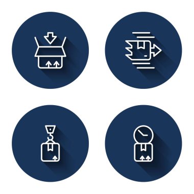 Karton kutu Crane ve uzun gölgeli karton saat. Mavi daire düğmesi. Vektör.