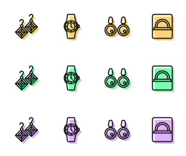 Küpeleri, kol saatini ve elmas nişan kutusunu ayarla. Vektör.