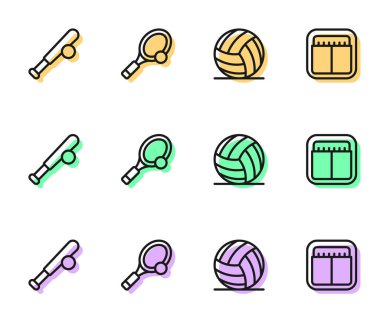 Tenis raketi ve spor mekanik skor tablosu ikonuyla voleybol sopası ayarla. Vektör.