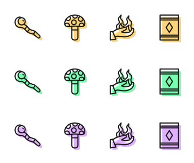 Sihirli değnek Psilocybin mantarı ve halı ikonu tutuyordu. Vektör.