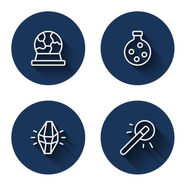 Sihirli topu iksir taşıyla ve uzun gölgeli değnekle hizala. Mavi daire düğmesi. Vektör.