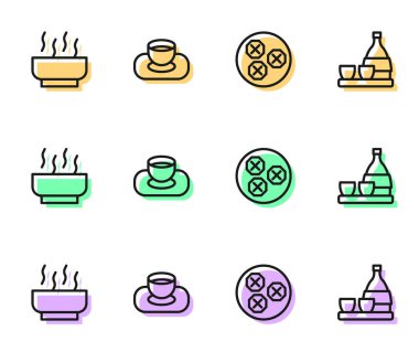 Wonton Ramen çorbası, Soya sosu ve bir şişe sake ikonu. Vektör.