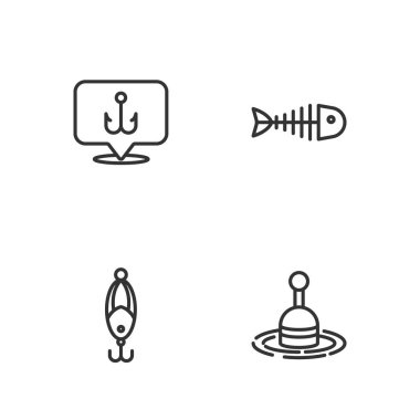 Balık oltası, su oltası ve iskelet simgesinde yüzüyor. Vektör.