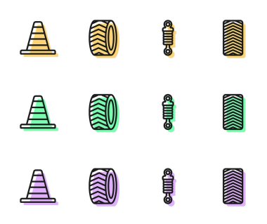 Şok emici trafik konisi araba tekerleği ve ikonu ayarlayın. Vektör.