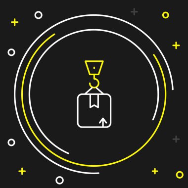 Çizgi Crane karton kutu simgesiyle siyah arka planda izole edilmiş. Crane içinde kargo olan bir konteynırı kaldırıyor. Renkli taslak konsepti. Vektör