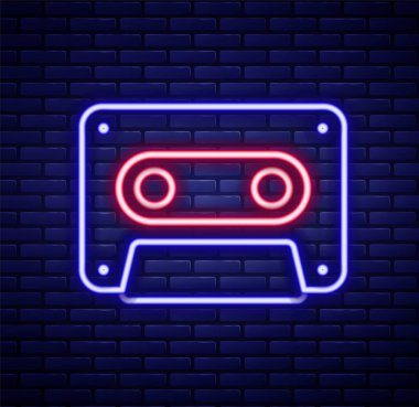 Parlayan neon hattı Retro ses kaset ikonu tuğla duvar arka planında izole edildi. Renkli taslak konsepti. Vektör