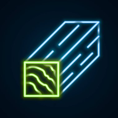 Parlayan neon hattı tahta kiriş simgesi siyah arkaplanda izole edildi. Kereste kalası. Renkli taslak konsepti. Vektör