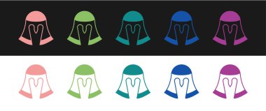 Ortaçağ demir miğferini siyah ve beyaz arka planda izole edilmiş kafa koruma ikonu olarak ayarla. Şövalye miğferi Vektör