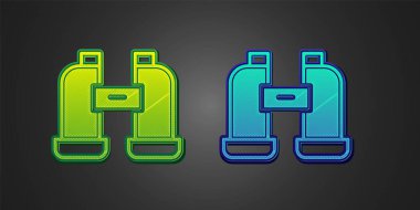 Siyah arkaplanda yeşil ve mavi dürbün simgesi izole edildi. Yazılım işareti bul. Casus ekipman sembolü. Vektör