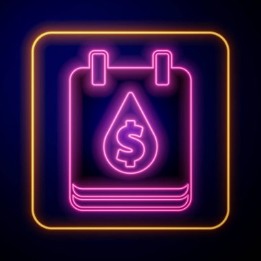 Glowing neon Oil drop with dollar symbol icon isolated on black background. Oil price. Oil and petroleum industry.  Vector