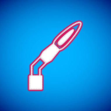 Mavi arkaplanda beyaz kaynak makinesi simgesi izole edildi. Vektör