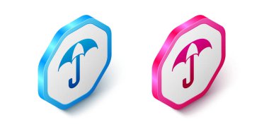 Beyaz arkaplanda Isometric Umbrella simgesi izole edildi. Sigorta konsepti. Su geçirmez ikon. Koruma, güvenlik, güvenlik kavramı. Altıgen düğmesi. Vektör