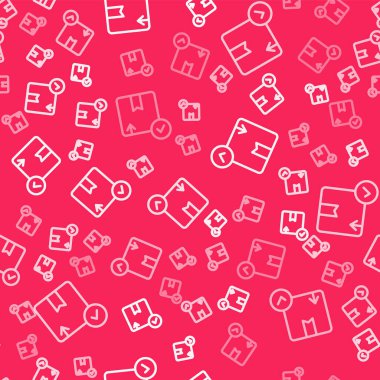 Beyaz çizgi karton kutu simgesi kırmızı arkaplanda izole edilmiş kusursuz desen. Kutu, paket, paket işareti. Teslimat ve ambalaj. Vektör