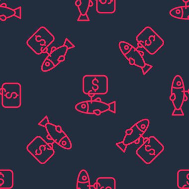 Balık simgesi için kırmızı çizgi Price etiketi siyah arka planda izole edilmiş pürüzsüz desen. Vektör