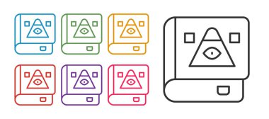 Beyaz arka planda izole edilmiş Eskiler 'in sihirli kitabı simya tarifleri, mistik büyüler ve büyü simgesi. Simgeleri renklendirin. Vektör