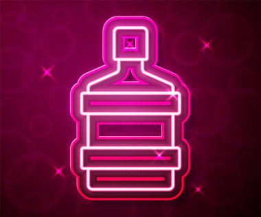 Parlayan neon hattı. Kırmızı zemin üzerinde temiz su ikonu olan büyük şişe. Soğutucu için plastik kap. Vektör