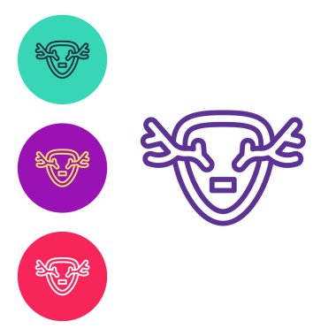 Geyik boynuzlarını beyaz arkaplanda izole edilmiş kalkan simgesine ayarla. Duvarda av kupası. Simgeleri renklendirin. Vektör