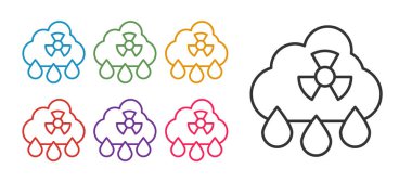 Beyaz arka planda asit yağmuru ve radyoaktif bulut simgesini izole et. Zehirli hava kirliliğinin çevre üzerindeki etkileri. Simgeleri renklendirin. Vektör