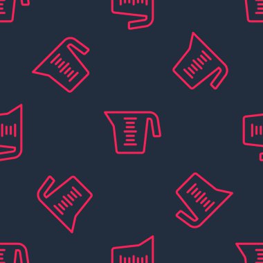 Kuru ve sıvı yiyecek ikonunu ölçmek için kırmızı çizgi ölçme kabı siyah arkaplanda izole edilmiş dikişsiz desen. Plastik şişenin sapı var. Vektör