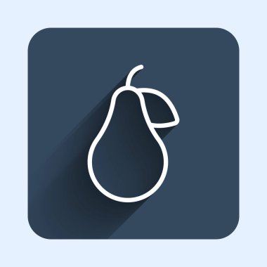 Beyaz çizgi Pear simgesi uzun gölge arkaplanı ile izole edildi. Yaprak sembollü meyve. Mavi kare düğme. Vektör