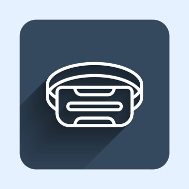 Beyaz çizgi Sanal gerçeklik gözlüğü simgesi uzun gölge arkaplanı ile izole edilmiş. Stereoskopik 3D VR maskesi. Optik baş monte edildi. Mavi kare düğme. Vektör