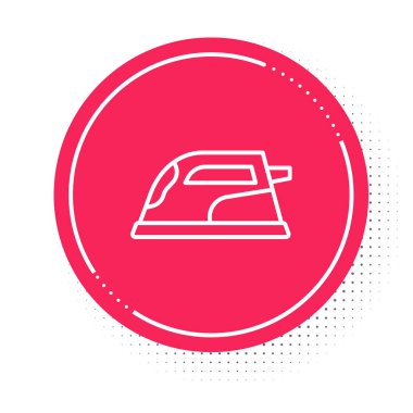 Beyaz çizgi elektrikli demir ikonu beyaz arkaplanda izole edildi. Buhar ütüsü. Kırmızı daire düğmesi. Vektör