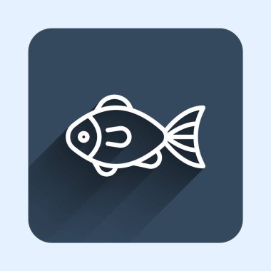 Beyaz çizgi Balık simgesi uzun gölge arkaplan izole. Mavi kare düğme. Vektör